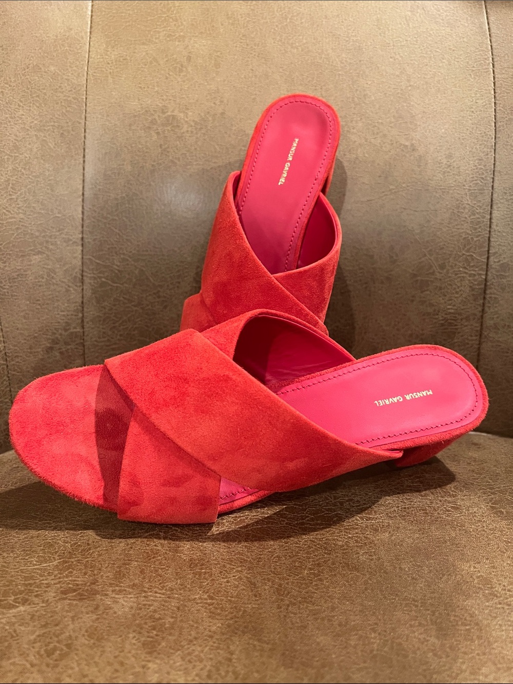 Mansur Gavriel Red Suede Crisscross Slide Mules